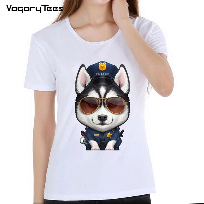 Women's Fashion TShirt Funny tshirt Husky Police Dog Print tshirt Femme Girls Summer Pug Short Sleeve White O-neck Clothes